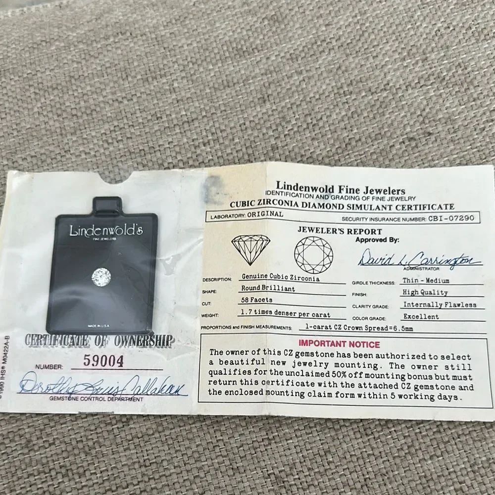 Vtg 1-Carat CZ Crown Spread 6.5MM Stone Lindenwold Jewelers with Certificate